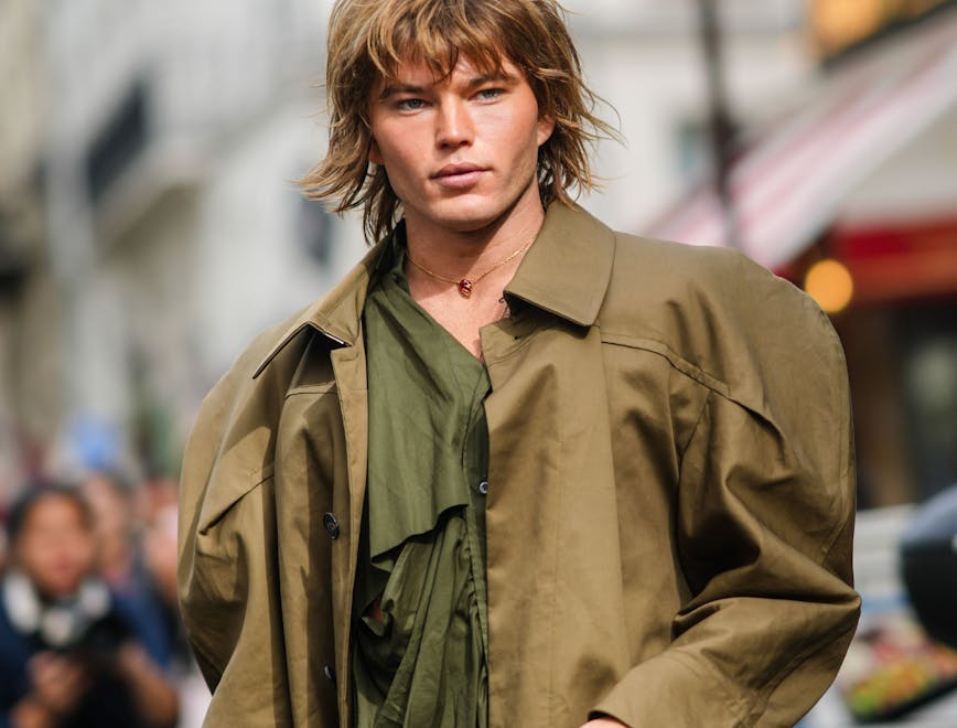 style paris elegant outfit ready-to-wear rtw fall outfit fashion blogger man shaved beard khaki outfit detail half body clothing apparel overcoat coat person human trench coat
