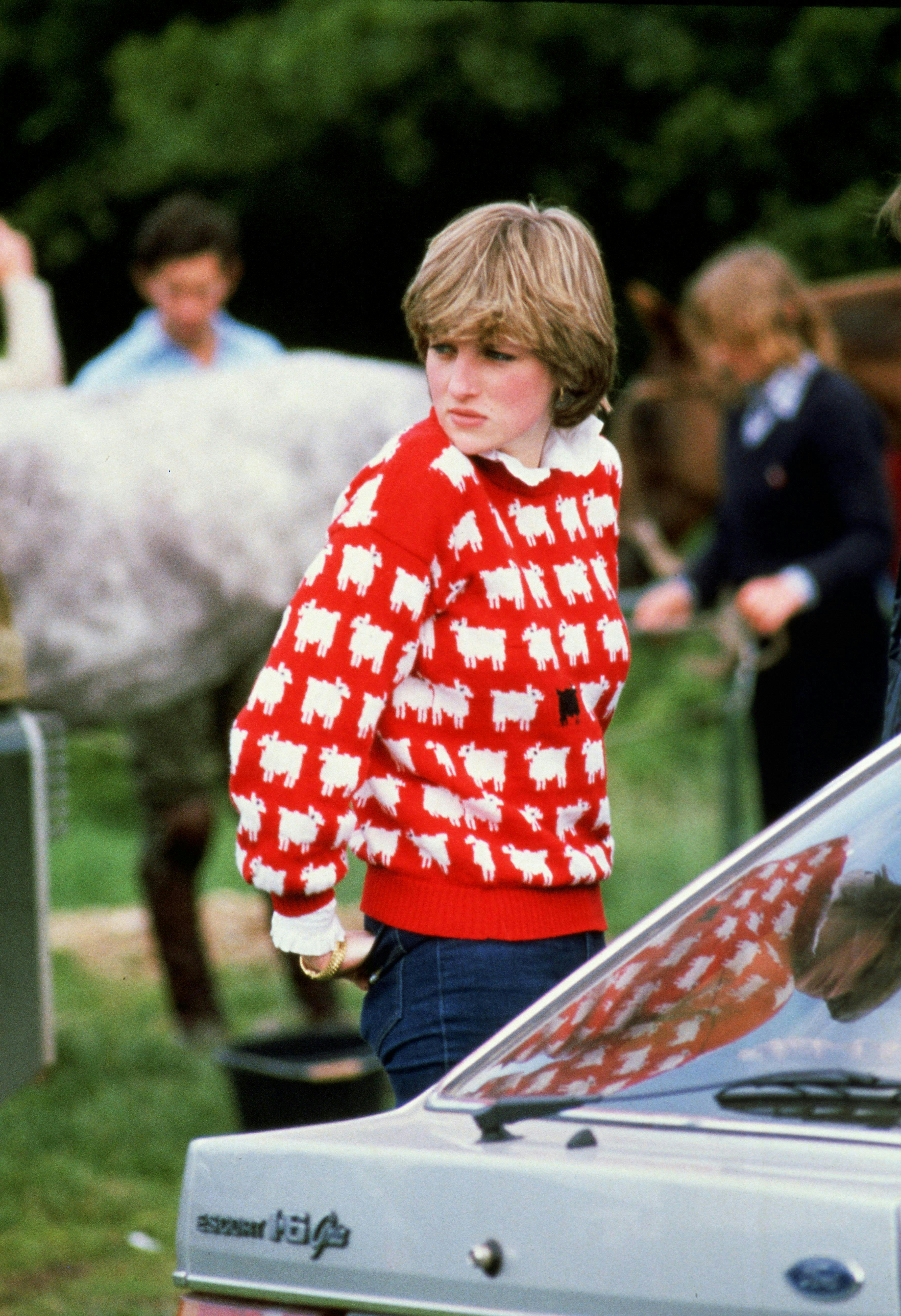 british royal family casuals equestrian events half lengths half-lengths hands in pockets jeans jumpers looking right off duty pensive polo princess diana red jumper royals royalty wool woolen clothing coat knitwear sweater boy child male person face long sleeve