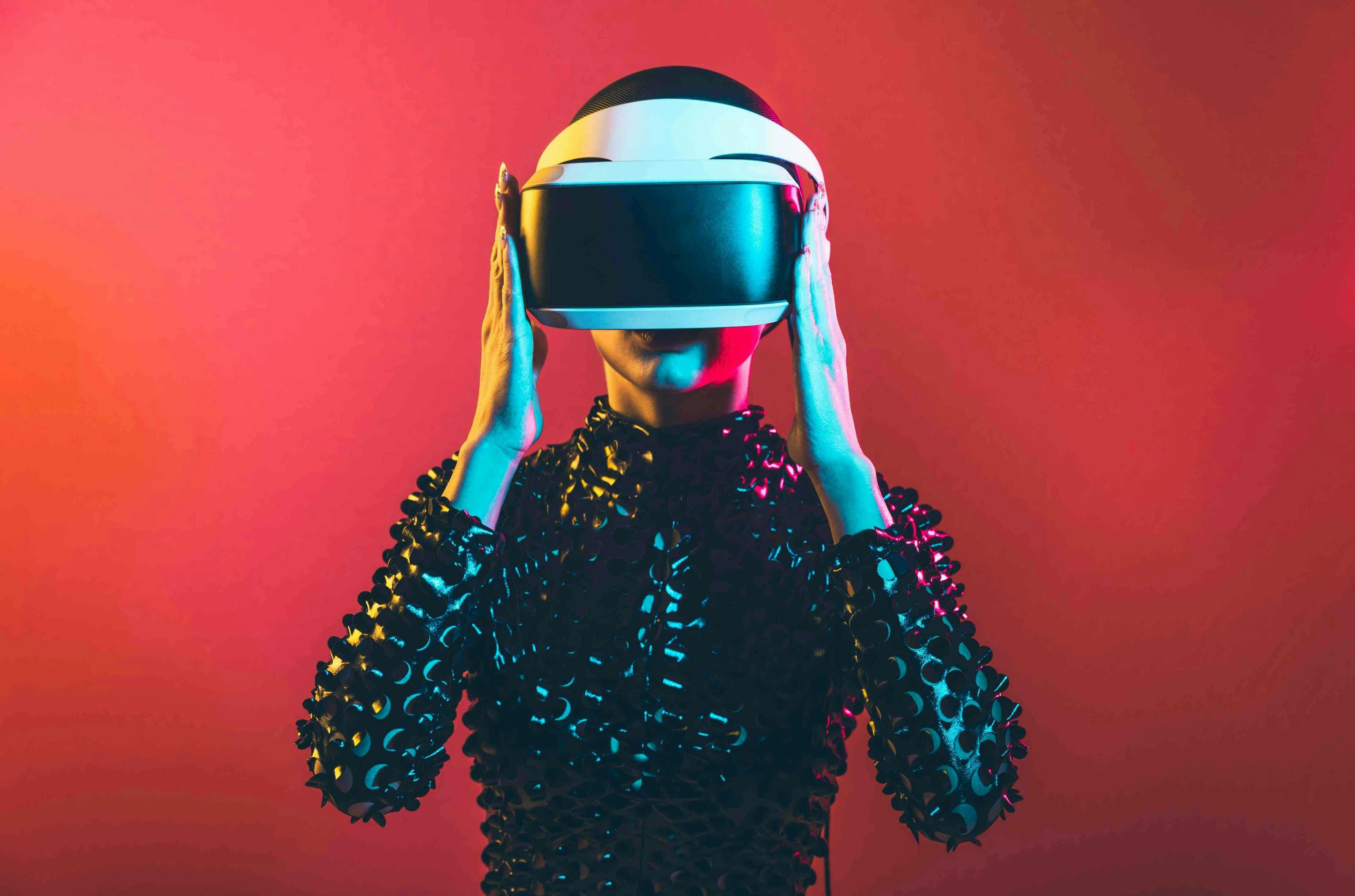 beauty,dj,headphones,cyberpunk,beautiful,music,club,model,dance,energy,nightclub,night,rave,girl,fashionable,visor,goggles,light,punk,reality,colorful,party,cosplay,pink,virtual,woman,color,disco,pin-up,shaved,head,pop,metaverse,hair,futuristic,influencer,electronic,bald,art,neon,retro,avatar,technology,cosplayer,portrait,people,lifestyle,fun,fashion photography vr headset head person face portrait