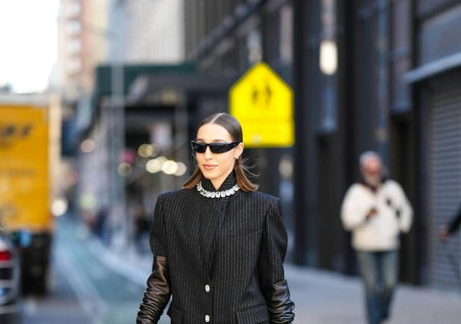style cold cold weather elegant autumn look autumn outfit winter look winter outfit ready-to-wear outfit rtw woman dark hair ponytail hair camera matching outfit new york formal wear suit pedestrian person pants blazer coat jacket lady jeans