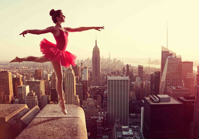 dancing,woman,artist,ballerina,city,south,concept,dangerous,skyline,courage,red,high,balance,gracefully,physical,abyss,new,sports,confidently,artistic,ballet,feeling,aesthetics,dancer,awesome,tutu,vintage,york,imaginative,travel city urban metropolis dancing person building high rise cityscape neighborhood tower